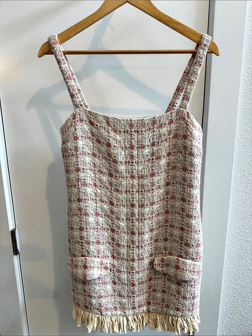 ALEXIS Linza Tweed Fringe-Hem Mini Dress Pink & Cream Size Medium